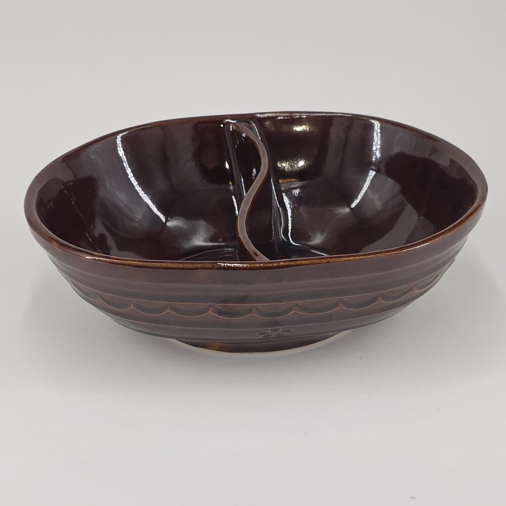 Vintage Marcrest Stoneware Daisy Dot Brown Divided Serving Dish Bowl Oven Proof
